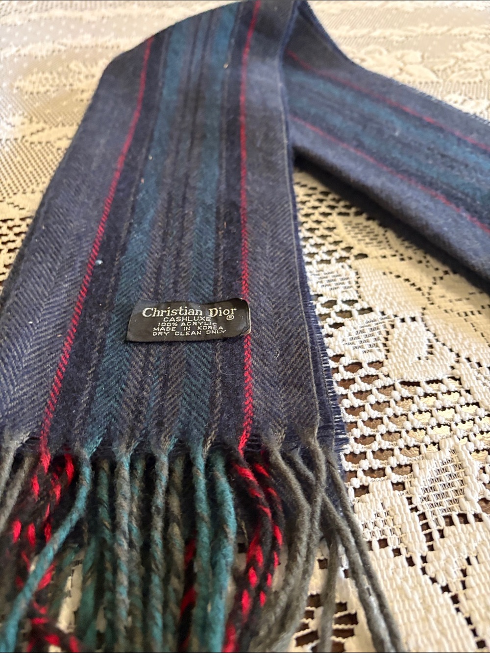 Dior Men’s Navy Scarf with Teal and Red Stripes